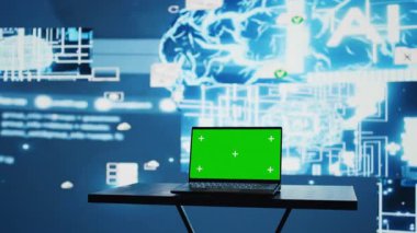 Yüksek teknoloji verileri ve yapay zeka beyin sistemleri ile çevrili, bilgisayar ekranda yeşil ekran çalışıyor. Fütürist otomasyon platformları ve bulut bilgisayarı yenilik için modern stratejiyi güvence altına alır. Kamera B.