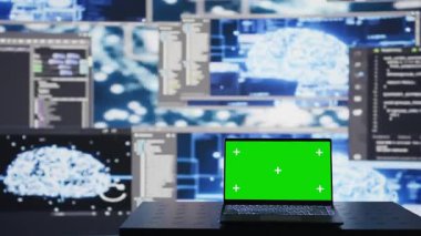 PC, yapay zeka sinir ağı sisteminin yanında kroma anahtar görüntüsü, tahmin analizi ve bulut hesaplaması için makine öğrenmesi. Yapay zeka beyni uygulanıyor. Kamera B.