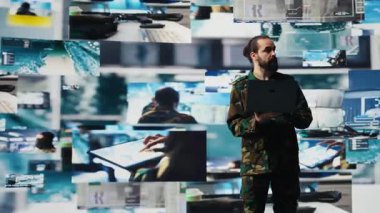 Subay, savaş alanı kontrolü ve stratejik savunma sağlamak için gelişmiş askeri sistemler, siber taktikler ve dijital gözetim kullanarak gerçek zamanlı savaş verilerini izliyor. Savaş planlaması. Kamera B.