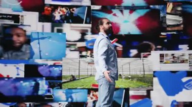 Kararlı adam sosyal medya görsellerine ve iletişim ve nüfuzun gücünü vurgulayan kullanıcı arayüzü unsurlarına hayran. Modern kullanıcı deneyimi ve web tasarımı, kendine güven. Kamera B.