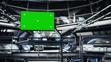 Mockup monitörü, gezegenlerin yaşanabilirlik faktörlerinin değerlendirilmesinde yörünge istasyonu astronotlarına yardımcı oluyor. Uzay yolculuğu sırasında navigasyon koordinatlarını doğrulamak için kullanılan uzay gemisinde yeşil ekran görüntüsü