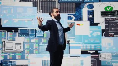 Korkusuz işadamı, üst düzey kariyerindeki başarısını ve başarısını kutluyor. Harika performans ölçümleri olan hırslı bir adam. Üstünlük için çalışmak cesaret ve kendine güvenle. Kamera B.