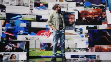 Modern bir sanal ağ ortamında canlı yayın etkileşiminin ve yaratıcı içeriğin tadını çıkaran, gerçek zamanlı bildirimleri yönlendiren bir trend belirleyicinin dijital yaşam tarzı. Çevrimiçi varlık. Kamera B.