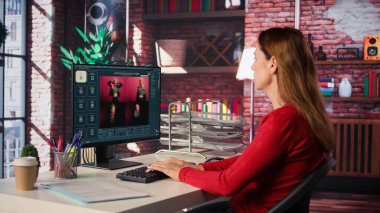 Yapay zeka programını kullanan fotoğrafçı metni fotoğrafa dönüştürüyor, rötuş tekniğini kullanıyor. Grafik tasarımcı metni, kelimeleri resme dönüştüren yapay zeka üreticisi. Kamera B.