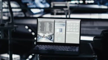 Uzay istasyonunda kozmik Mars gezisi sırasında detaylı görev analiz panelini gösteren bir dizüstü bilgisayar. Yıldız gemisindeki defter, yaklaşan dünya dışı kızıl gezegen keşfi için okuma yapıyor.