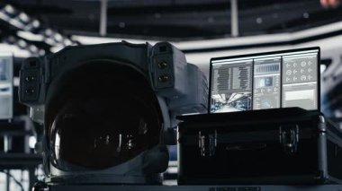 Yüksek teknolojili uzay gemisi kokpitinde dizüstü bilgisayar Mars 'ın gezegen yüzey analizlerini gösteriyor. Yörünge istasyonundaki defter Kırmızı Gezegen 'e yapılan kozmik yolculukta gösterge panelini gösteriyor