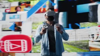 Modern havalı adam sanal gerçeklik gözlüklerini 3 boyutlu web bağlantısı için kullanıyor, sosyal medya bağlantıları için vr simülasyon yeniliği sergiliyor. Görüntü üzerine görsel hikaye anlatımı üzerinde çalışıyorum. Kamera A.