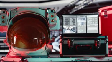 Uzay gemisindeki dizüstü bilgisayarın yanında kozmik yolculuk analitiği gösteren uzay başlığı üzerinde başarısız görev alarmı yanıp sönüyor. Gezegen yolculuğu için not defteri ile yıldız gemisinde kritik hata uyarısı