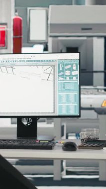 Yüksek teknolojili bir güneş paneli fabrikasında, yenilenebilir enerji üretim hattı için fotovoltaik ölçüm gösteren robotik silahlar, güvenlik donanımı ve PC monitörlerinin yer aldığı dikey video boş mühendislik çalışma alanı