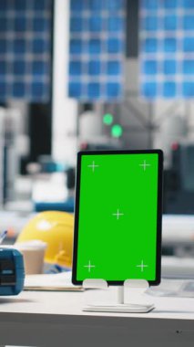 Güneş panellerindeki dizüstü bilgisayarda, sürdürülebilir çözümler ve temiz enerji için güneş pili mühendisliği üreten dikey video izole edilmiş kroma ekranı. Yüksek teknolojili bir tesiste boş masa..