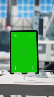Güneş panelleri fabrikasında dizüstü bilgisayarında fotokopi ekranı olan dikey video boş masa, güneş pili fabrikasındaki fotovoltaik üretim hattında üretim süreci. Sürdürülebilir çözümler