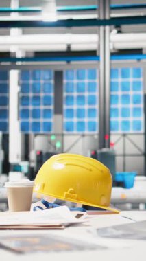 Dikey Video Modern Endüstriyel Sanayi Tesisi, robotik silah montajı güneş hücreleri, PC ekranları gerçek zamanlı endüstriyel performans verileri izliyor. Temiz çevre dostu güvenlik bardakları ve aletleri