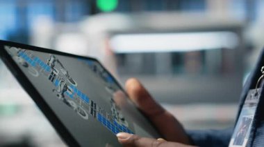 Güneş enerjisi teknisyeni fotovoltaik fabrikasındaki tablet verilerini inceliyor, güneş enerjisi yenilikleri için üretim tesisi performansını ve üretim hattını inceliyor. Alternatif enerji. Kamera A.