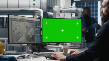 Bir güneş paneli fabrikasındaki erkek teknisyen sistem performansı için krom anahtar kullanır ve verimlilik ve işyeri güvenliğinin izlenmesinde önemli bir rol oynar. Yenilenebilir güç konsepti. Kamera A.