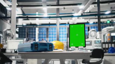 Yeşil ekranlı bir güneş enerjisi üretim tesisinde boş mühendislik masası. Robot kollar ve güneş paneli montaj hatlarıyla çevrili endüstriyel çalışma alanı. Performans izleniyor.