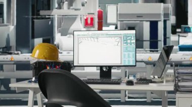 Yenilenebilir enerji üretim hattı için fotovoltaik ölçümler gösteren robotik kollar, güvenlik donanımı ve PC monitörlerinin yer aldığı yüksek teknolojili bir güneş panelleri fabrikasında boş mühendislik çalışma alanı.