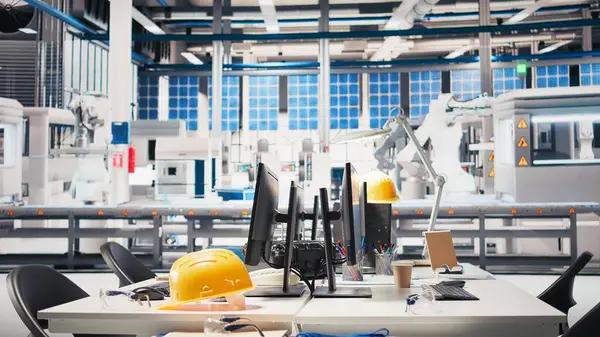 Robot kollarının performansını yöneten fotovoltaik fabrikasındaki monitörler güneş panellerini montaj hatlarına yerleştiriyor. Güneş pili makinelerinin geliştirilmesi için kullanılan boş tesisteki bilgisayar ekranı.