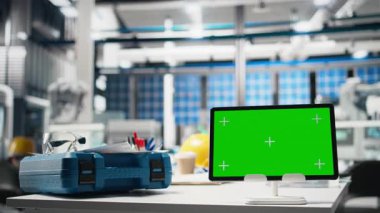 Yüksek teknolojili fabrika endüstriyel çevre kroma anahtarıyla montaj hattında robotik kolları gösteriyor. Modern alternatif enerji üretim makineleri. Güneş enerjisi.