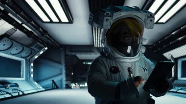 Kozmonot, tabletteki navigasyon koordinatlarını doğruluyor. Gezegen görevine hazırlanıyor. Astronot güneş sistemi gezegen, kamera A 'ya iniş işlemlerine başlamadan önce güvenlik kontrolü yapıyor.