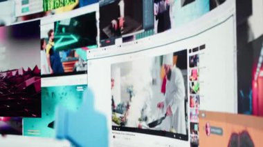 Modern sosyal medya ağlarının videolarını gösteren birbirine bağlı ekranlar kolajı. Modern dijital yaşam tarzını vurgulayarak, sabit hareketli içerikli verilerin görselleştirilmesi