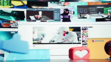 Modern dijital yaşam tarzını vurgulayarak, dijital ortamdan akan sınırsız video içerik akışlarının görselleştirilmesi. İnteraktif anlar ve viral sosyal medya eğilimleriyle dolu siber uzay