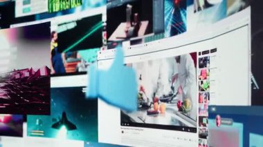 Viral kliplerle dolu dinamik medya duvarında sınırsız video yayınlama içeriği kütüphanesinin görselleştirilmesi. Yeni eğlence anlayışı dijital çağ yaşam tarzı odaklı