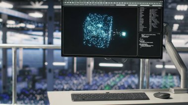 Otomatik veri merkezindeki endüstriyel platform çalışma istasyonu monitörde makine öğrenme kodu gösteriyor. Yapay zeka modellerini çalıştıran sunucu tarım sistemleri operasyonel istikrar ve algoritma verimliliğini izliyor
