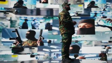 Afrika kökenli Amerikalı bir adam, askerlere çok önemli savaş alanı bilgilerini iletiyor, yüksek teknoloji komuta merkezindeki uydu verilerini inceliyor. Korunma taktikleri ile savaş planlaması. Kamera A.