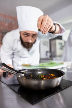Modern bir mutfakta profesyonel bir aşçı dikkatlice taze otları bir tabağa serper, maydanoz, biberiye ve fesleğenle lezzeti artırır. Taze ürün ve baharatla dolu modern çalışma alanı.