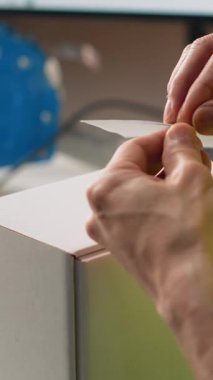 Dikey Video Asyalı çalışan nakliye etiketleri uyguluyor ve takip bilgilerini tarıyor, teslimat sırasında kargo bilgilerini kaydediyor. Depodaki yüksek yelek ile görevlerin etiketlenmesini yönetir