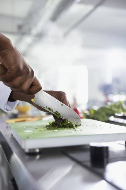 Afro-amerikan aşçı kesme tahtasındaki baharat ve otları doğruyor, güzel bir yemek için ham malzemeleri doğruyor. Mutfak uzmanları büyük bir bıçakla taze meyve ve gastronomiyi dilimliyorlar. Kapat..