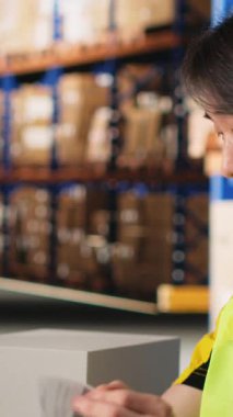 Dikey Video Asyalı personel, teslimattan önce barkodları etiketlemeyi ve taramayı başarıyor, perakende dağıtım için bir depoda yelek giyiyor. Siparişin yerine getirilmesi ve envanter takibi sağlanıyor