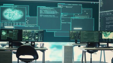 Çalışan personeli olmayan yüksek teknoloji devlet siber güvenlik odası. Siber tehditleri önlemek, gelişmiş ağ güvenliği ve dijital korumayla saldırıları ve veri ihlallerini önlemek. Kamera A.