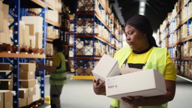 Afro-Amerikalı kadın sipariş işlemleri için kargo etiketlerini inceliyor, nakliye etiketlerinin doğruluğunu ve detaylarını onaylıyor. Büyük işletme e-ticaret deposu operasyonları için çalışıyor. Kamera A.
