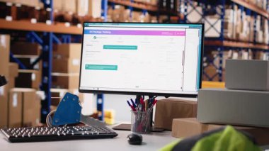 Online alışveriş yapan yerel markalardan gelen kargo ürünlerini kutularda taşımak için kullanılan boş depo ayarları erzak odasından hızlı teslimatı sağlıyor. Tamamlama merkezi işlemleri.