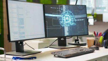Boş başlangıç çalışma alanı, makine öğrenme modellerinde bilgisayar monitörlerinde çalışan gelişmiş yapay zeka algoritmaları. Modern ofisteki bilgisayar ekranlarında yapay zeka kodlama platformu