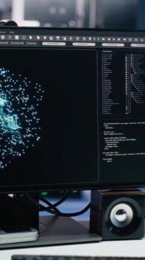 Sinir ağı görselleştirmesini ve kod ayıklama araçlarını gösteren dikey video veri merkezi bilgisayarları. Sunucu odasındaki bilgisayar sistemleri makine öğrenme ve otomatik araştırma görevlerinde