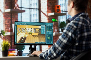 İç mimari 3D modelleme yazılım arayüzü ile etkileşim halinde, mobilya birimleri, dönen nesneler, değişen oda düzeni, müşteri sunumu için düzenleme hazırlar