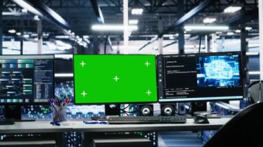 Sunucu odası Chroma anahtar bilgisayarları, yapay zeka operasyonları için veri toplama makinelerini takip ediyor. AI büyük dil model geliştirmede kullanılan yeşil ekran bilgisayarlar izleme donanımı