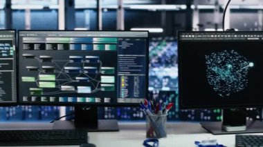 Sunucu odası PC, yapay zeka operasyonları için büyük ölçekli makine öğrenme verilerini takip eden ana bilgisayarları görüntülüyor. Yapay zeka modelinin geliştirilmesinde kullanılan izleme donanımını bilgisayar görüntüler