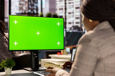 Bilgisayar ekranının, finansal planlamanın ve bütçe düzenlemesinin yanında iş verilerini analiz eden profesyonel bir çalışan şirket hedeflerini destekler. Girişim içindeki etkili genel yönetim.