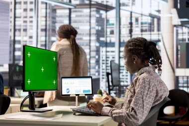 Şirket yöneticisi, iş amaçlarına ulaşmak için yeşil ekranın yanındaki stratejik planlamaya odaklandı. Kadın yönetici bütçe analizi ve performans ölçümleri ile meşgul.