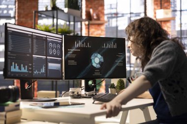 İş için analitik araçlar uygulamak ve istatistikleri izlemek için sunum grafiklerine ve gösterge paneline bakan kadın analist. İş kadını performans ölçümlerini gözden geçirdi.