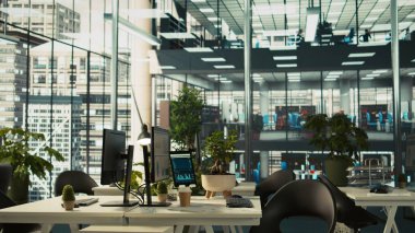 Grafik, grafik ve veri analizlerini gösteren bilgisayar monitörlü modern ofis çalışma masası, çevresel çevreye sahip bitkiler ve evrak işleriyle çevrili.