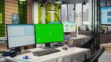 Fotokopi alanı çift monitörlü modern ofis alanı bilgisayar, profesyonel yönetim ve iş büyüme hedefleri için kullanılan boş çalışma istasyonu. Çokuluslu şirket görevleri.