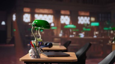 Yüksek öðrenim okulunda harika bir araþtýrma kolleksiyonu olan bos bir kütüphane, öðrenme ve akademik görevleri çözmek için belirlenmiş eðitim alaný olan üniversite kampüsü. Kamera A.