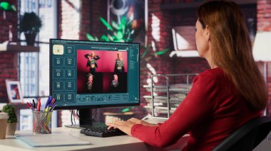 Yapay zeka programını kullanan fotoğrafçı metni fotoğrafa dönüştürüyor, rötuş tekniğini kullanıyor. Grafik tasarımcı metni, kelimeleri resme dönüştüren yapay zeka üreticisi. Kamera A.