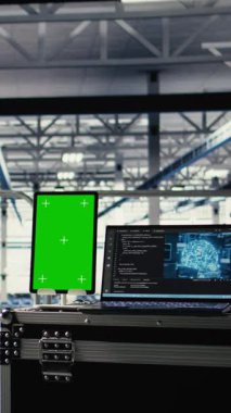 Sunucu odasında dikey video yeşil ekran tableti ile makine öğrenme teknolojisi veri kalıplarını algılıyor. Veri merkezindeki Chroma anahtar aygıtı AI için hızlı veri erişimi ve aktarım hızlarını sağlar