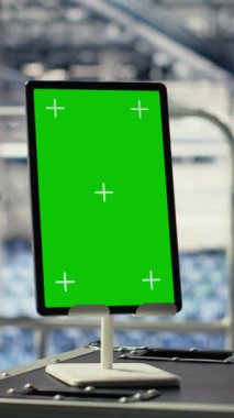 Veri merkezindeki ileri teknoloji süper bilgisayar donanımlı modelleme cihazının dikey görüntüsü. Yüksek teknolojili sunucu odasındaki yeşil ekran tableti veri kalıplarını algılıyor, çekim yapıyor