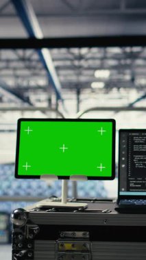 Yüksek teknoloji veri merkezinde dikey video yeşil ekran tableti ve engelleme zinciri işlemlerini doğrulayan makineler. Endüstriyel sunucu çiftliğinde donanım işleme jetonlarıyla krom anahtar aygıtı